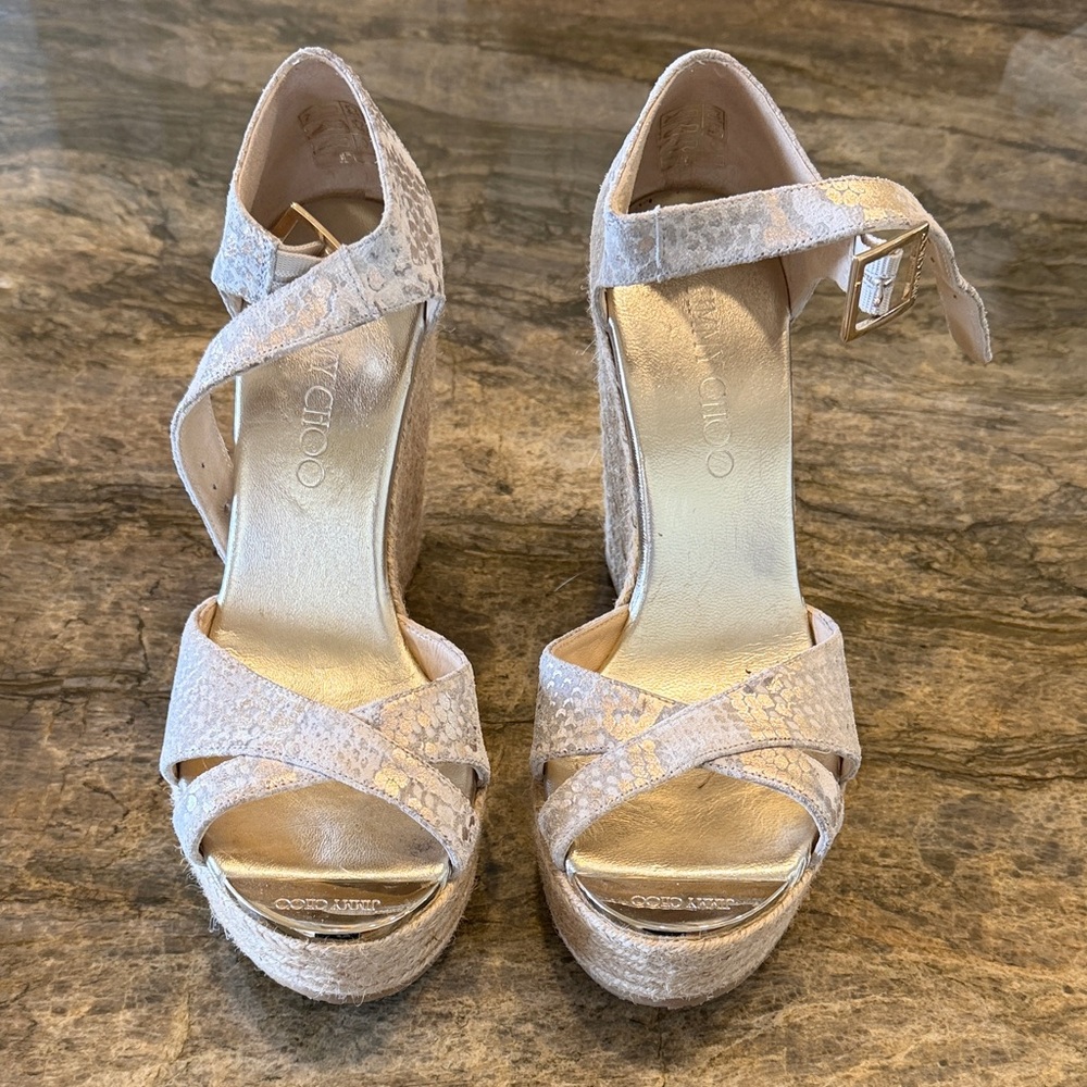 Jimmy Choo Gold and Cream Wedge Sandals